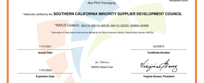 This certification by the Southern California National Minority Supplier Development Council, Inc. recognizes PKG Packaging is NMSDC certified