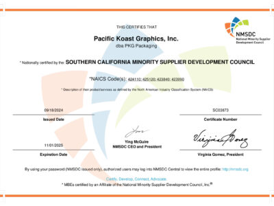 This certification by the Southern California recognizes PKG Packaging is NMSDC certified