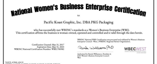 PKG Packaging WBENC Certification 2022